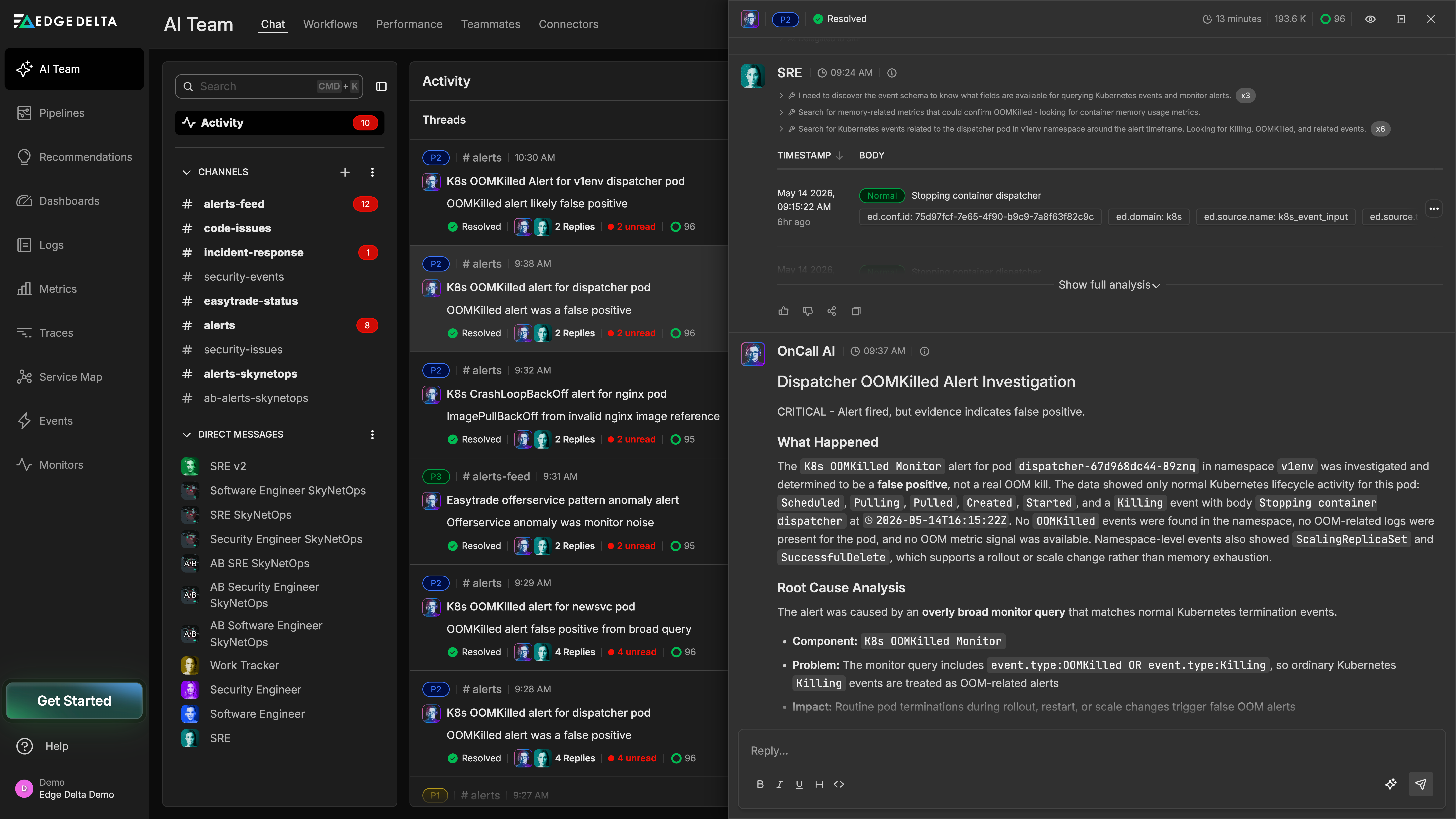 Edge Delta AI Teammates activity feed showing investigations, alerts, and team collaboration