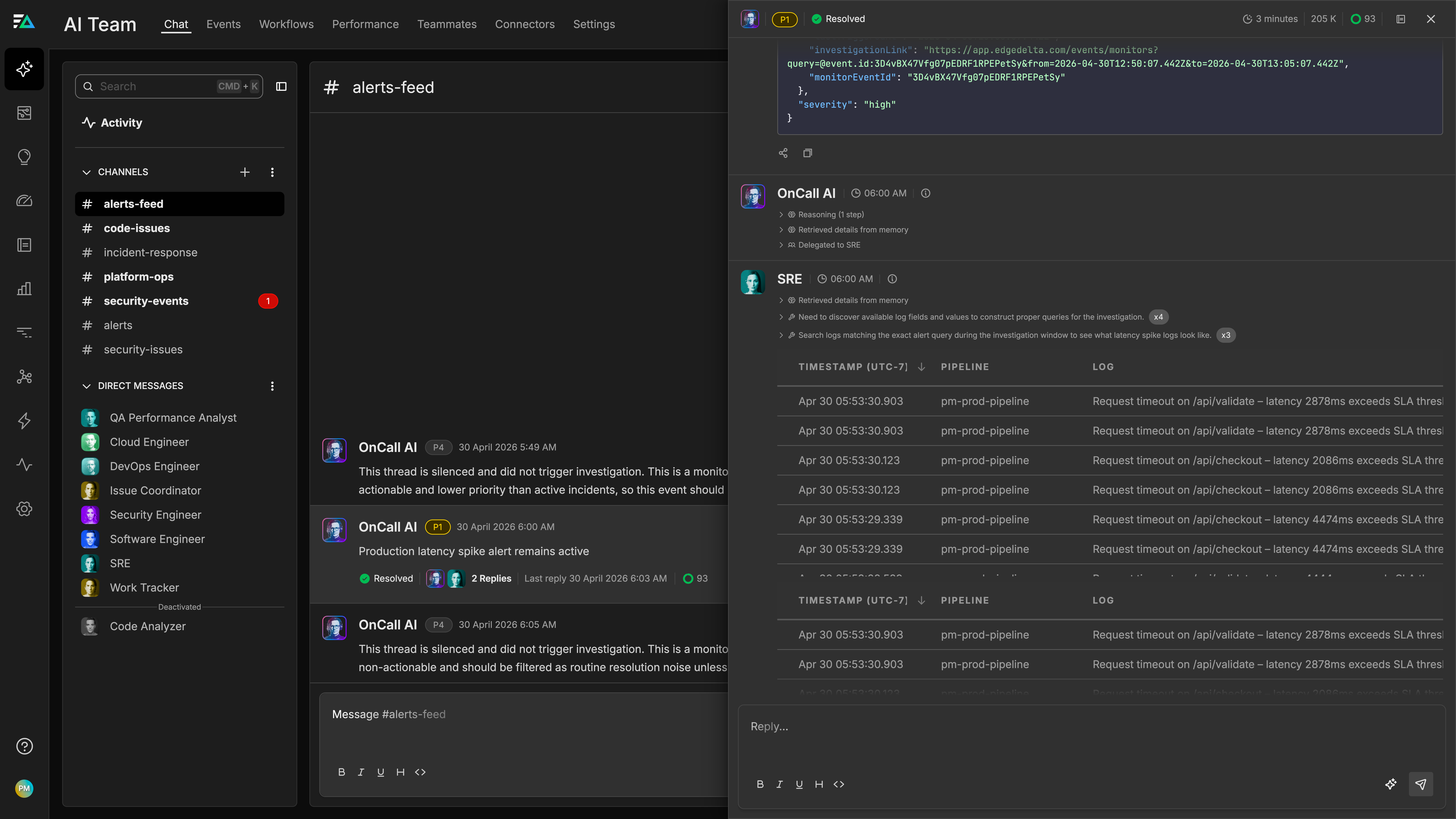 AI Teammates querying logs and investigating an incident across services